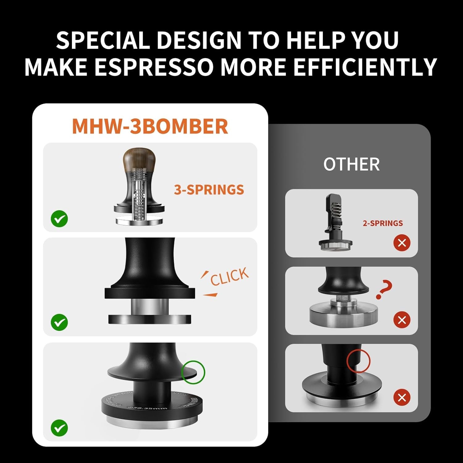 Calibrated Espresso Tamper 30lbs with Sound Feedback Espresso Tamper Set Comes with Three Additional Bases and A Replacement 20lbs Spring T6175T-OS - BrewMaster's Elite