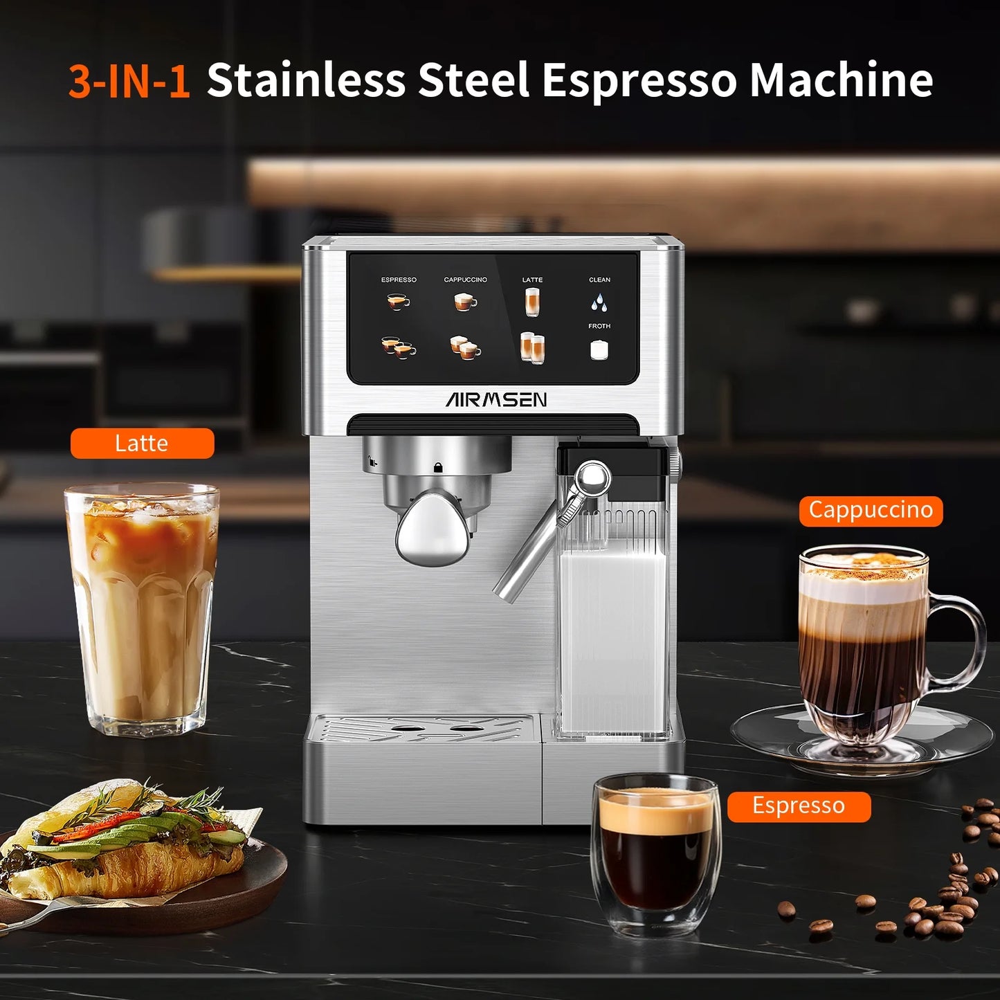 AIRMSEN Espresso Machine with Color Touchscreen, 20 Bar Cappuccino Latte Machines with Automatic Milk Frother, Dual Boiler Stainless Steel Espresso Maker for Home, 1350W - BrewMaster's Elite