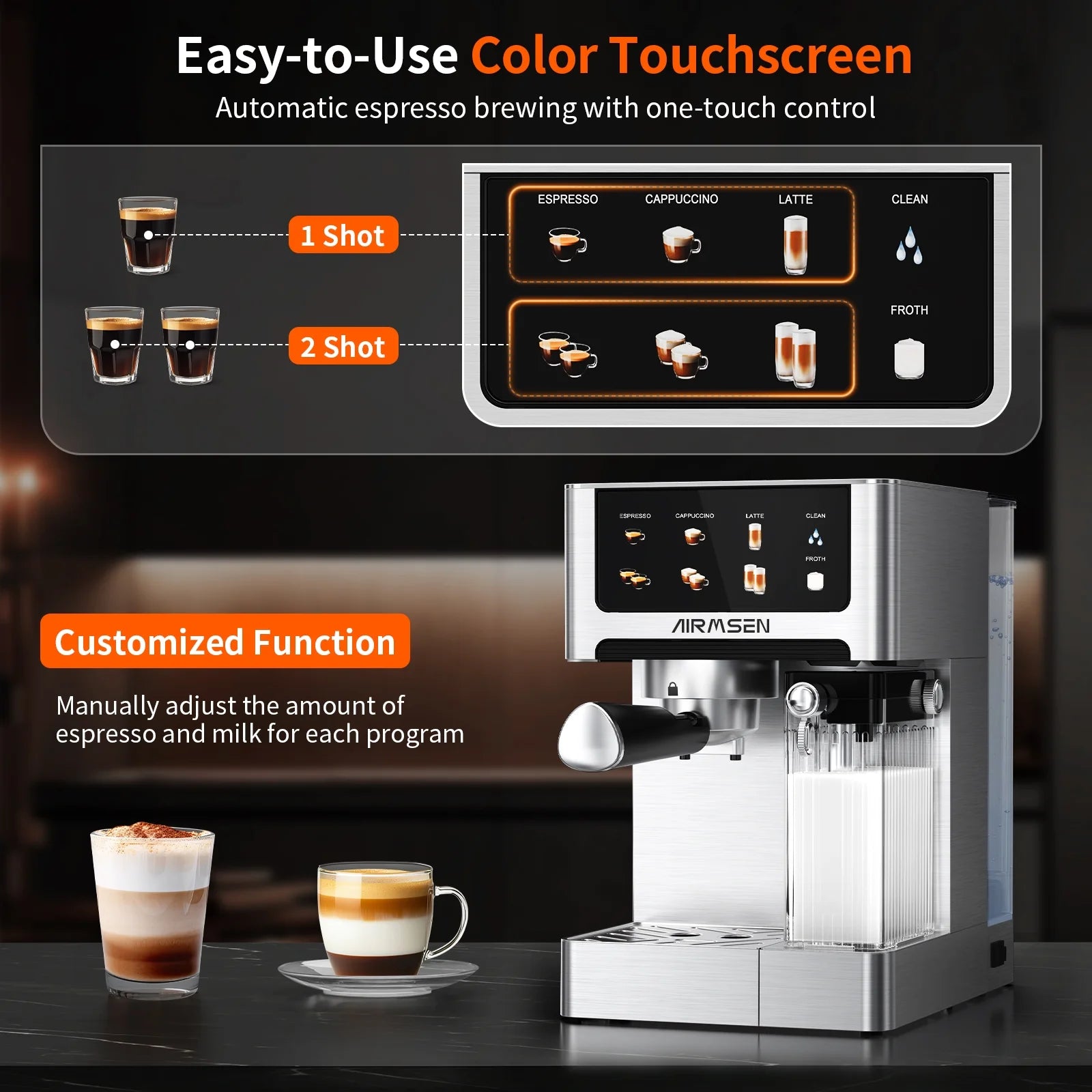 AIRMSEN Espresso Machine with Color Touchscreen, 20 Bar Cappuccino Latte Machines with Automatic Milk Frother, Dual Boiler Stainless Steel Espresso Maker for Home, 1350W - BrewMaster's Elite