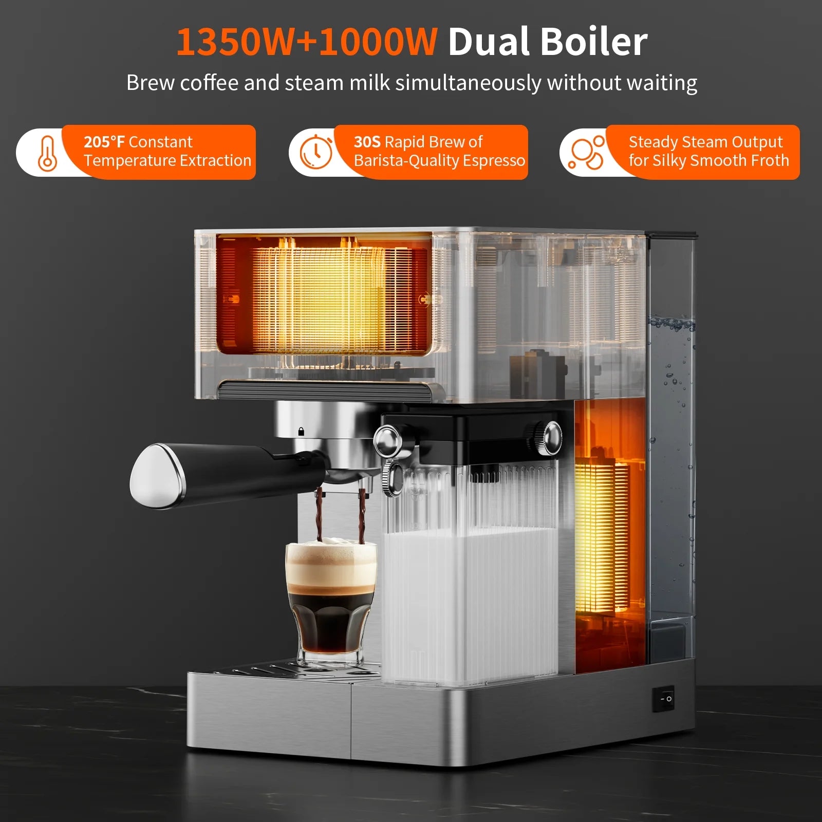 AIRMSEN Espresso Machine with Color Touchscreen, 20 Bar Cappuccino Latte Machines with Automatic Milk Frother, Dual Boiler Stainless Steel Espresso Maker for Home, 1350W - BrewMaster's Elite