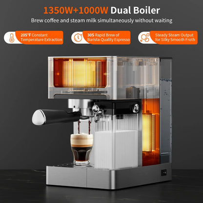 AIRMSEN Espresso Machine with Color Touchscreen, 20 Bar Cappuccino Latte Machines with Automatic Milk Frother, Dual Boiler Stainless Steel Espresso Maker for Home, 1350W - BrewMaster's Elite