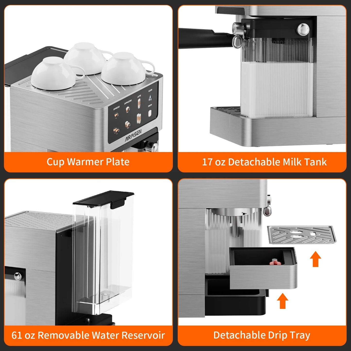 AIRMSEN Espresso Machine with Color Touchscreen, 20 Bar Cappuccino Latte Machines with Automatic Milk Frother, Dual Boiler Stainless Steel Espresso Maker for Home, 1350W - BrewMaster's Elite
