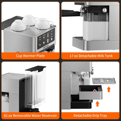 AIRMSEN Espresso Machine with Color Touchscreen, 20 Bar Cappuccino Latte Machines with Automatic Milk Frother, Dual Boiler Stainless Steel Espresso Maker for Home, 1350W - BrewMaster's Elite