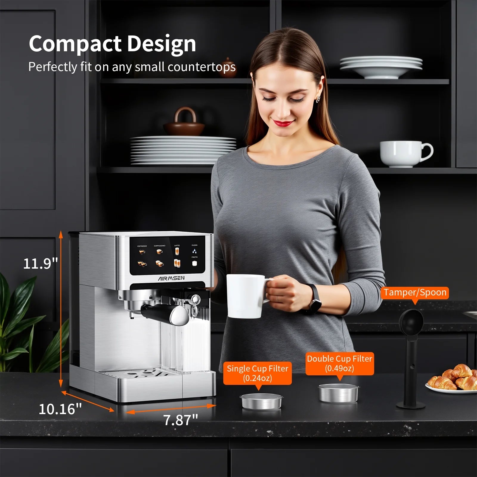 AIRMSEN Espresso Machine with Color Touchscreen, 20 Bar Cappuccino Latte Machines with Automatic Milk Frother, Dual Boiler Stainless Steel Espresso Maker for Home, 1350W - BrewMaster's Elite