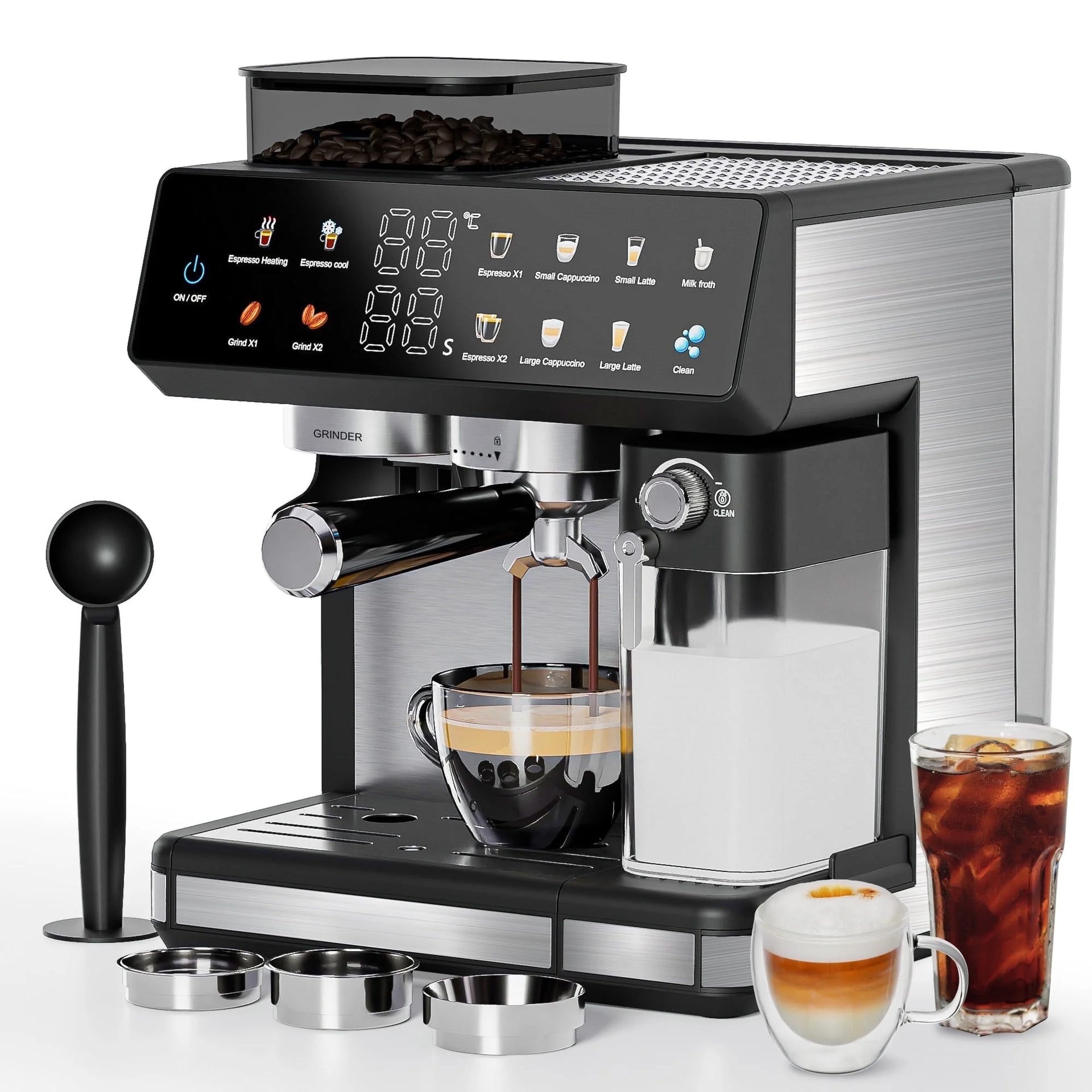 Bluebow All-in-One Espresso Machine with Grinder, 20-Bar Automatic Coffee Maker, Built-in Milk Frother for Latte & Cappuccino, Single/Double Shot Brew, Touchscreen - Stainless Steel - BrewMaster's Elite