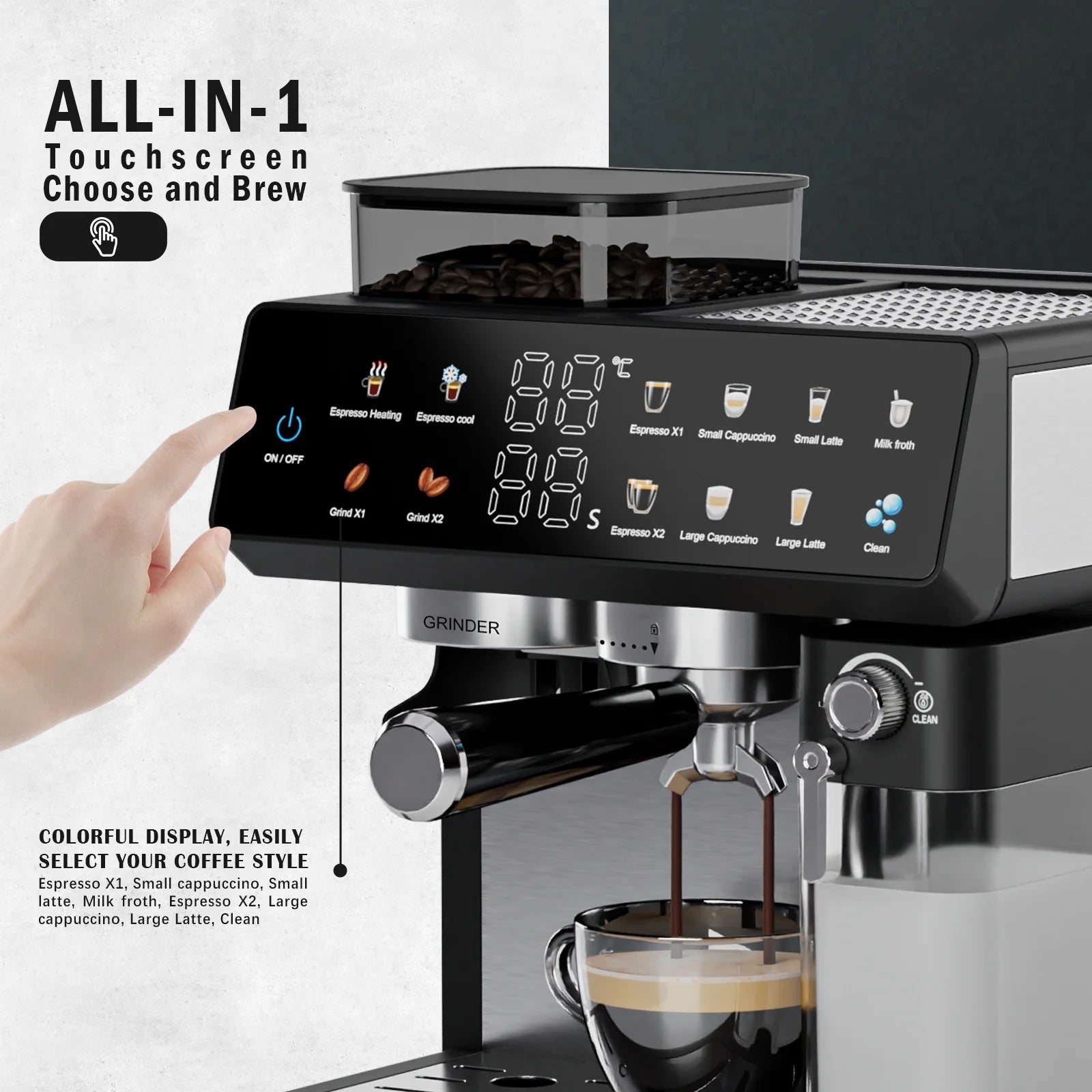 Bluebow All-in-One Espresso Machine with Grinder, 20-Bar Automatic Coffee Maker, Built-in Milk Frother for Latte & Cappuccino, Single/Double Shot Brew, Touchscreen - Stainless Steel - BrewMaster's Elite