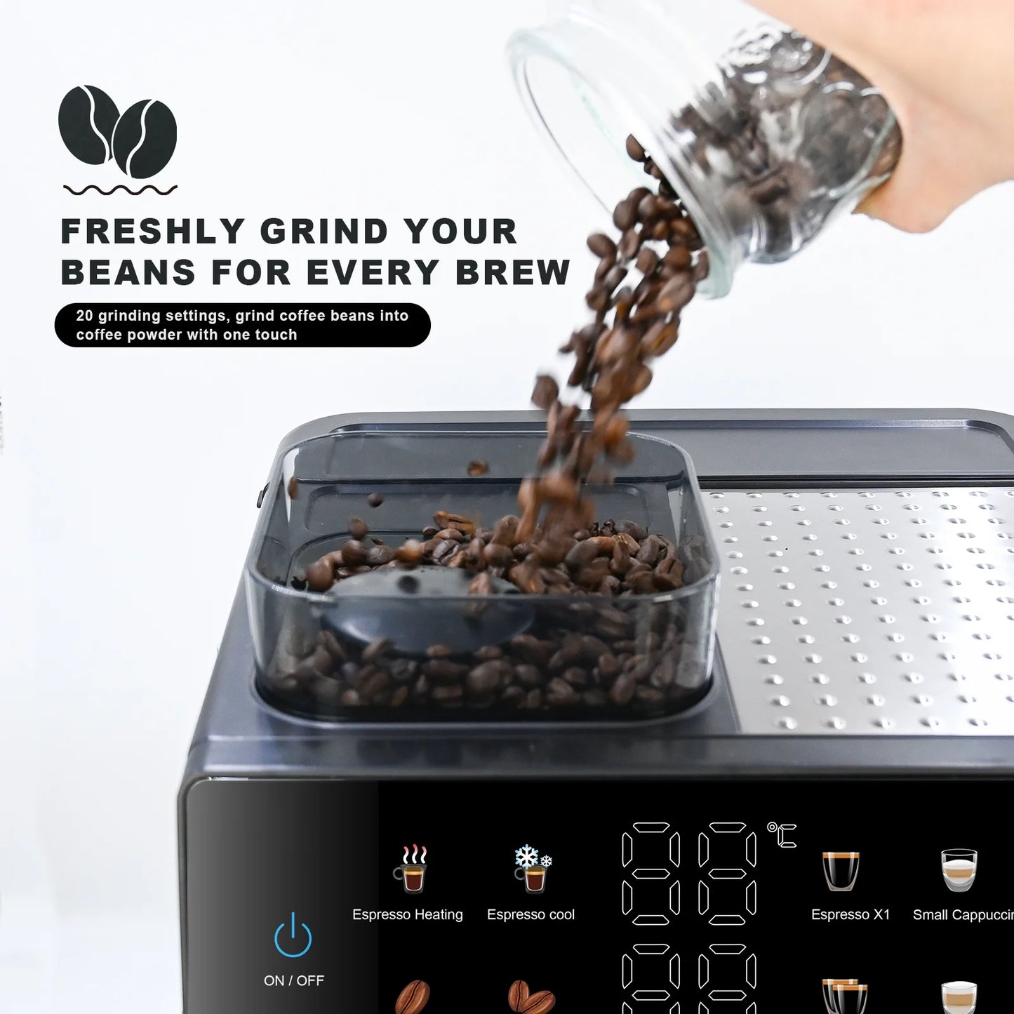 Bluebow All-in-One Espresso Machine with Grinder, 20-Bar Automatic Coffee Maker, Built-in Milk Frother for Latte & Cappuccino, Single/Double Shot Brew, Touchscreen - Stainless Steel - BrewMaster's Elite