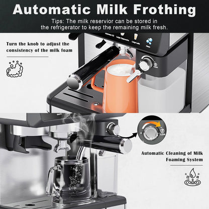 Bluebow All-in-One Espresso Machine with Grinder, 20-Bar Automatic Coffee Maker, Built-in Milk Frother for Latte & Cappuccino, Single/Double Shot Brew, Touchscreen - Stainless Steel - BrewMaster's Elite