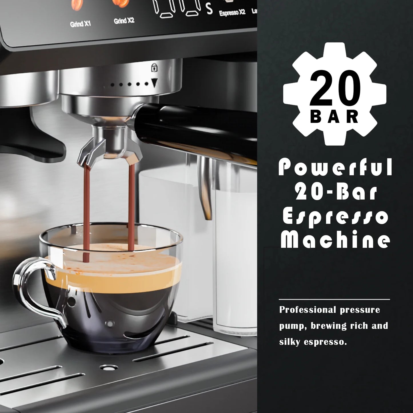 Bluebow All-in-One Espresso Machine with Grinder, 20-Bar Automatic Coffee Maker, Built-in Milk Frother for Latte & Cappuccino, Single/Double Shot Brew, Touchscreen - Stainless Steel - BrewMaster's Elite