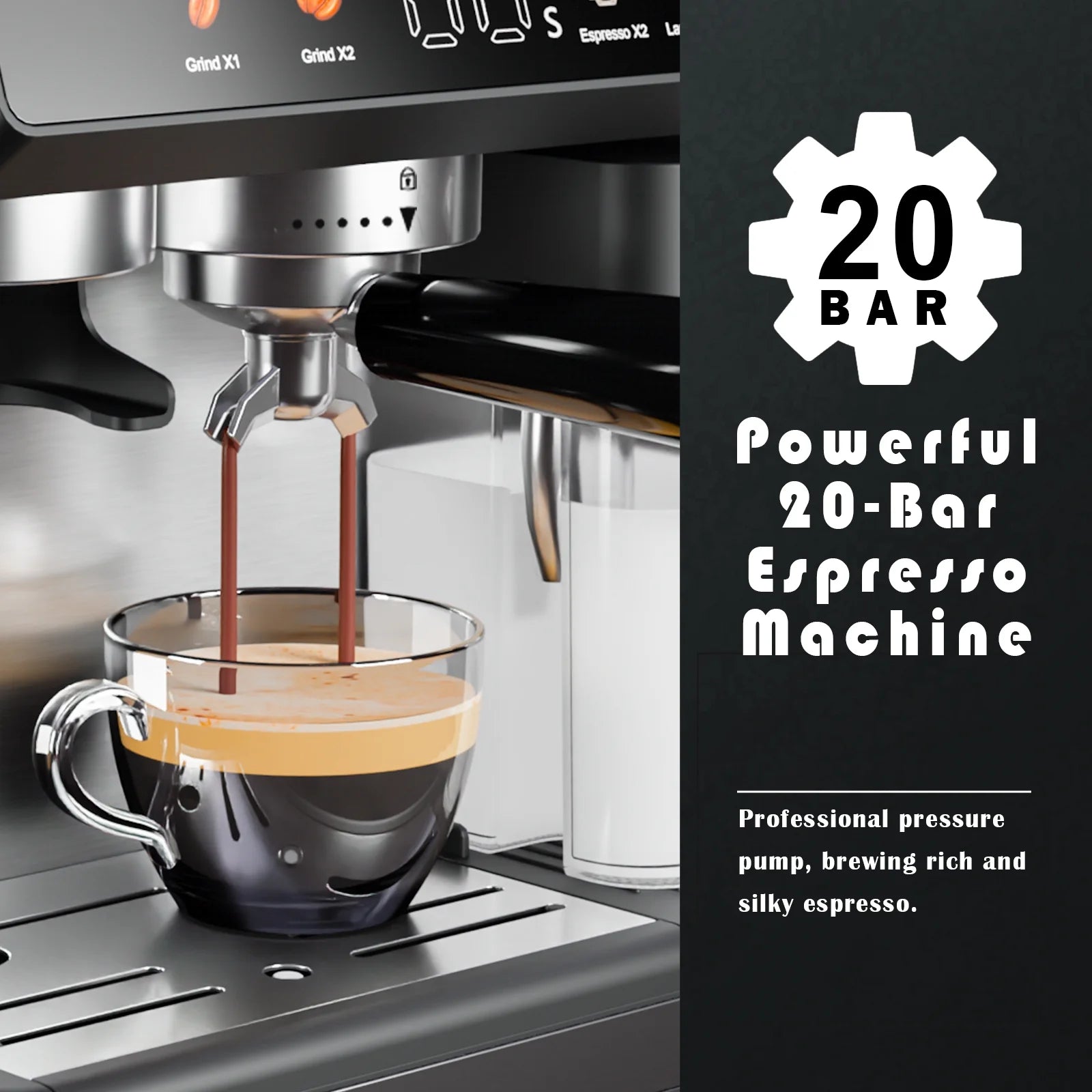 Bluebow All-in-One Espresso Machine with Grinder, 20-Bar Automatic Coffee Maker, Built-in Milk Frother for Latte & Cappuccino, Single/Double Shot Brew, Touchscreen - Stainless Steel - BrewMaster's Elite