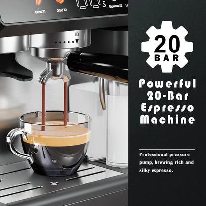 Bluebow All-in-One Espresso Machine with Grinder, 20-Bar Automatic Coffee Maker, Built-in Milk Frother for Latte & Cappuccino, Single/Double Shot Brew, Touchscreen - Stainless Steel - BrewMaster's Elite