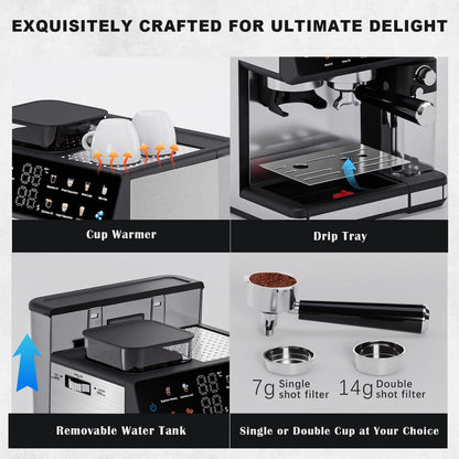 Bluebow All-in-One Espresso Machine with Grinder, 20-Bar Automatic Coffee Maker, Built-in Milk Frother for Latte & Cappuccino, Single/Double Shot Brew, Touchscreen - Stainless Steel - BrewMaster's Elite