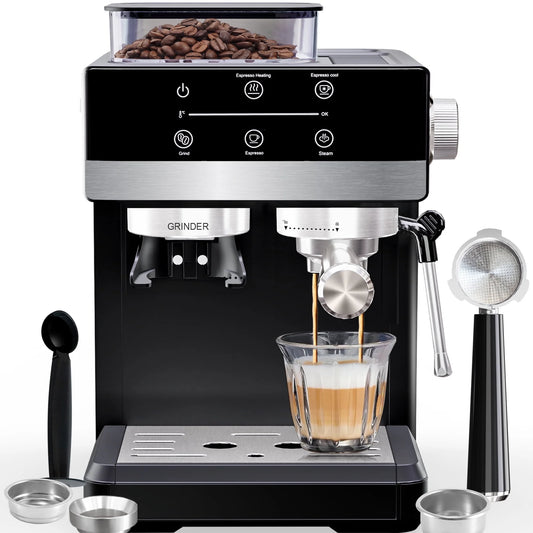 Bluebow Espresso Machine with Grinder, 20Bar Semi-Automatic Coffee Maker with Milk Frother Steam Wand, Professional Cappuccino Latte Machine for Home, Office - BrewMaster's Elite