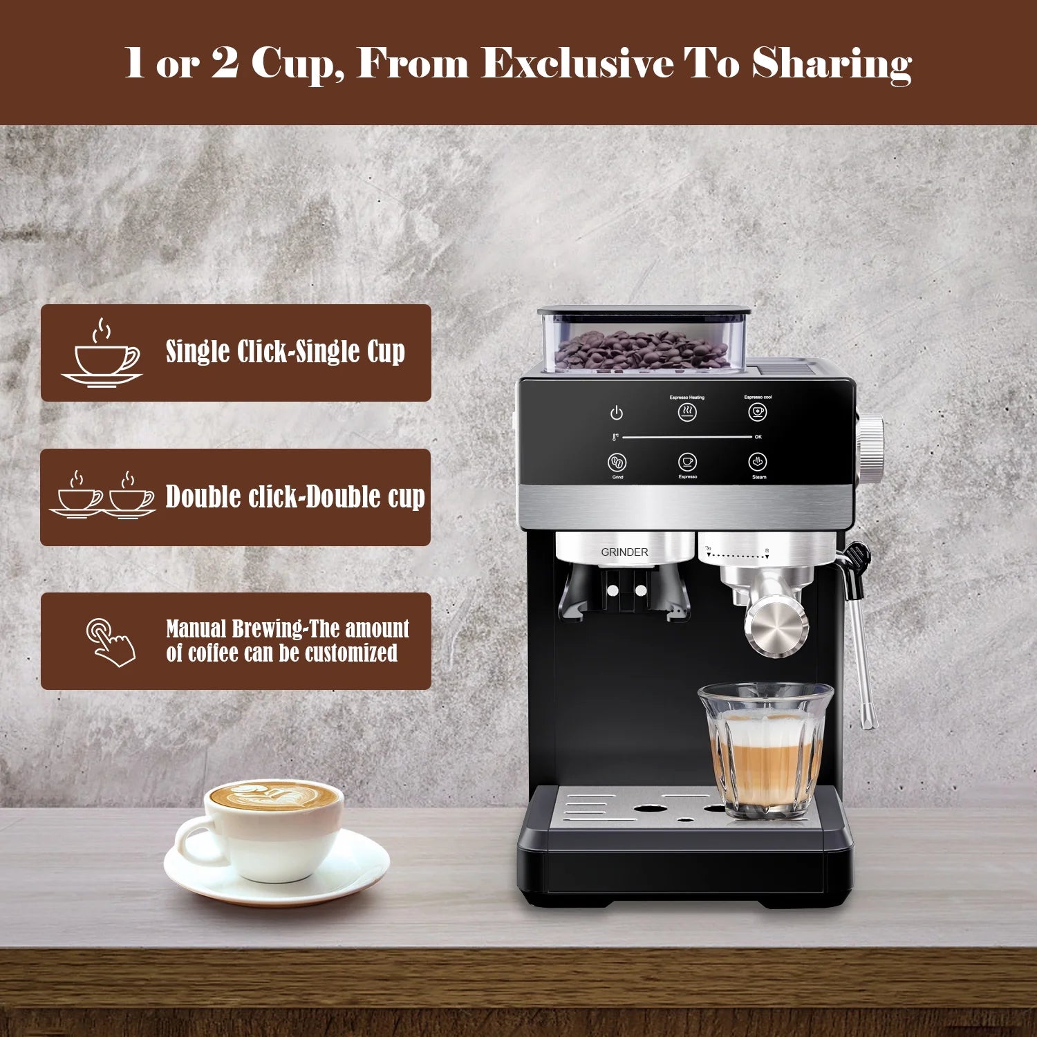 Bluebow Espresso Machine with Grinder, 20Bar Semi-Automatic Coffee Maker with Milk Frother Steam Wand, Professional Cappuccino Latte Machine for Home, Office - BrewMaster's Elite