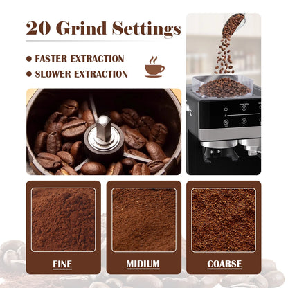 Bluebow Espresso Machine with Grinder, 20Bar Semi-Automatic Coffee Maker with Milk Frother Steam Wand, Professional Cappuccino Latte Machine for Home, Office - BrewMaster's Elite