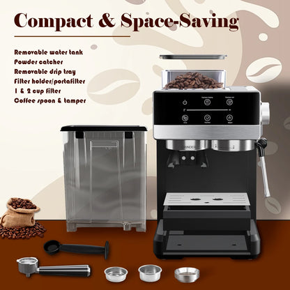 Bluebow Espresso Machine with Grinder, 20Bar Semi-Automatic Coffee Maker with Milk Frother Steam Wand, Professional Cappuccino Latte Machine for Home, Office - BrewMaster's Elite
