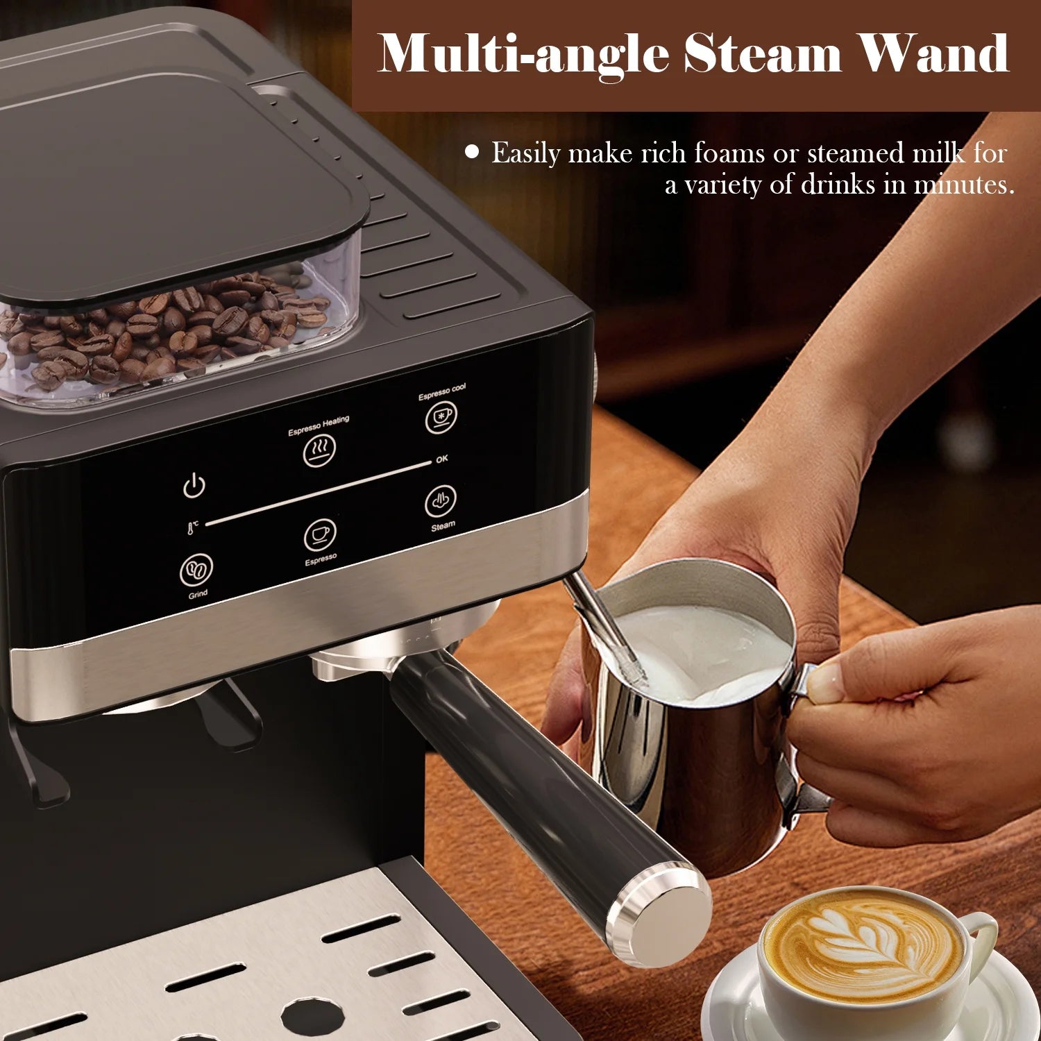 Bluebow Espresso Machine with Grinder, 20Bar Semi-Automatic Coffee Maker with Milk Frother Steam Wand, Professional Cappuccino Latte Machine for Home, Office - BrewMaster's Elite