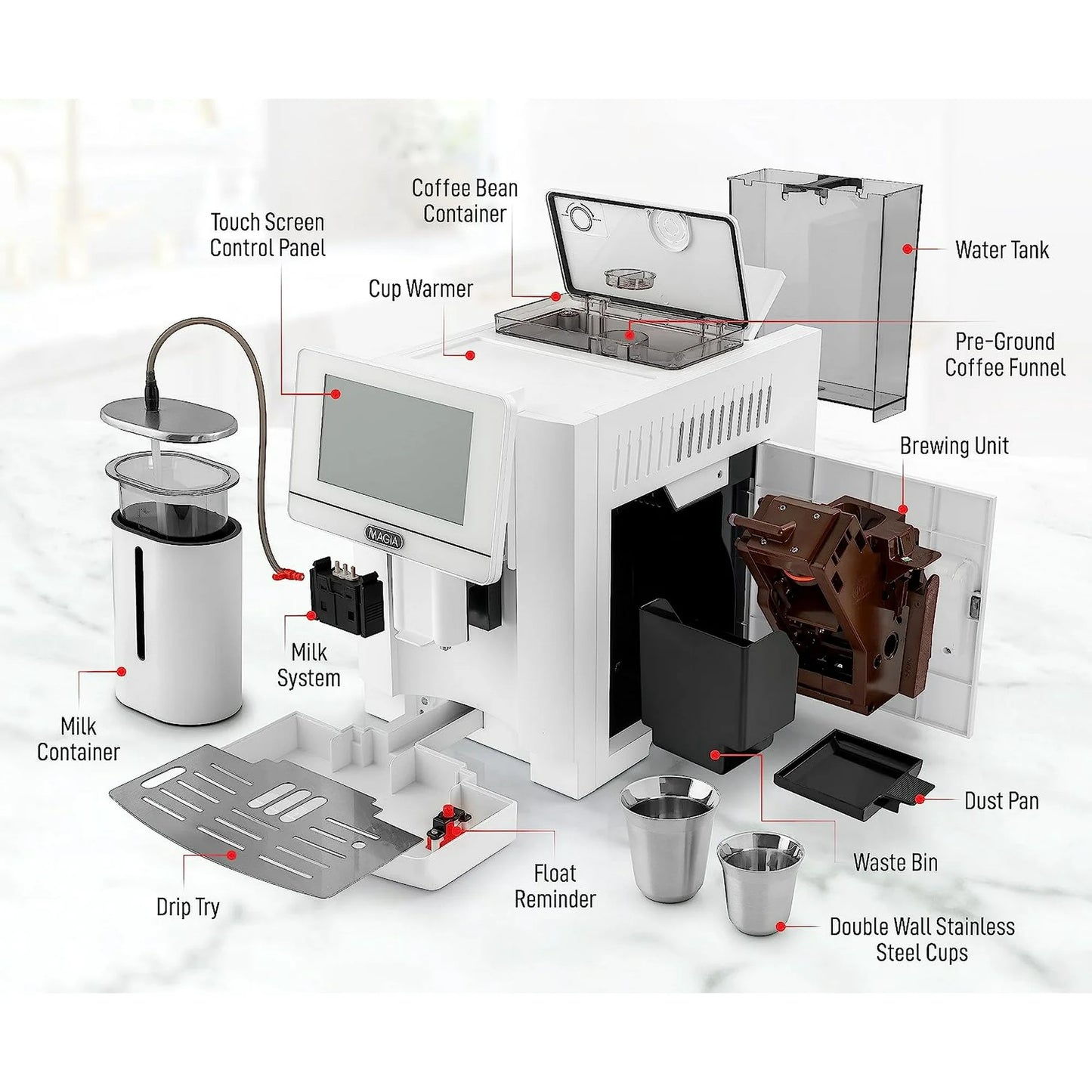 Zulay Kitchen Magia Super Automatic Coffee Espresso Machine - Espresso Coffee Maker with Grinder and Milk Frother - White - BrewMaster's Elite