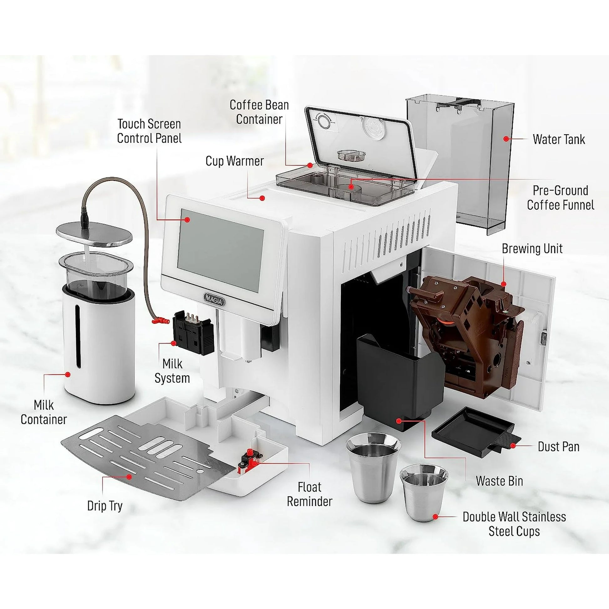 Zulay Kitchen Magia Super Automatic Coffee Espresso Machine - Espresso Coffee Maker with Grinder and Milk Frother - White - BrewMaster's Elite