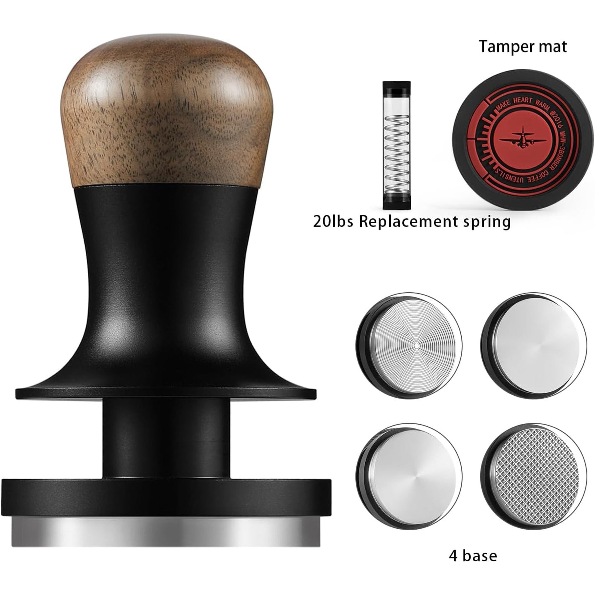 Calibrated Espresso Tamper 30lbs with Sound Feedback Espresso Tamper Set Comes with Three Additional Bases and A Replacement 20lbs Spring T6175T-OS - BrewMaster's Elite